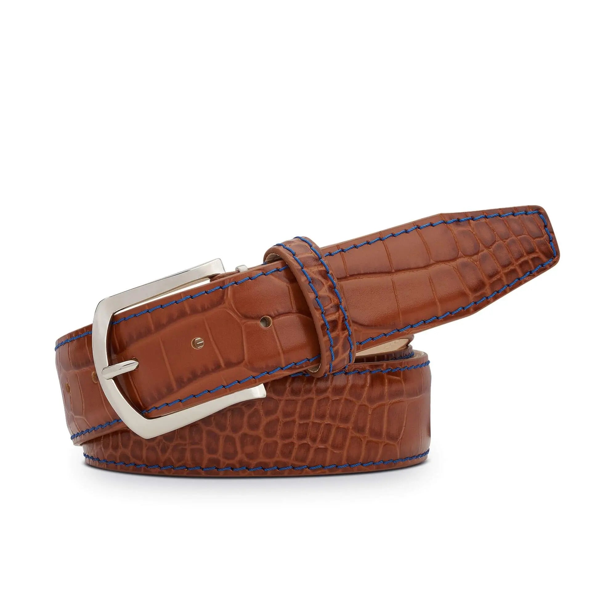 Cognac Mock Croc Leather Belt by Roger Ximenez: Bespoke Belts and Leather Accessories, handmade leather goods main product photo