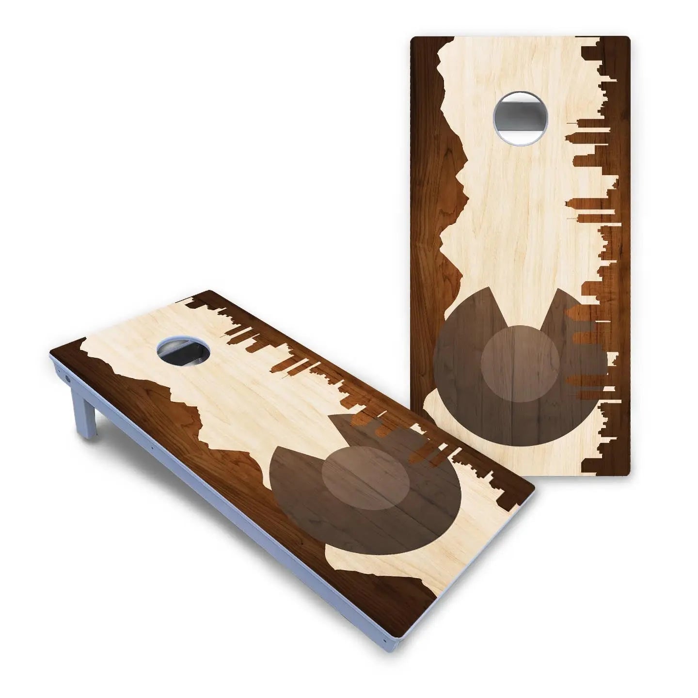 Colorado Natural Wood Skyline Cornhole Boards - All Weather Series by Cornhole Solutions, custom cornhole board detail photo 2