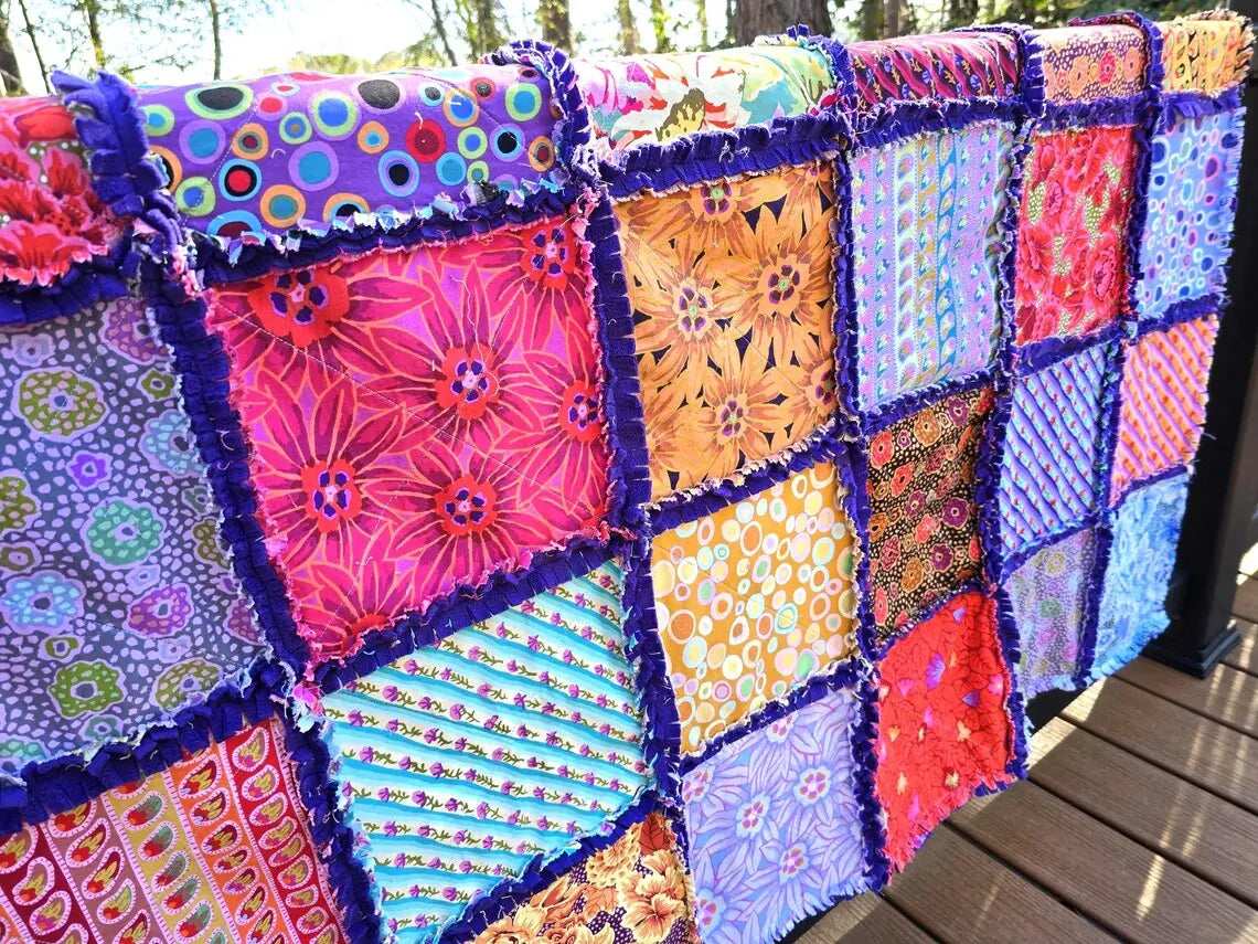 Colorful Rag Quilt Throw, Cotton Patchwork Lap Quilt with Soft Fleece Backing, Handmade Boho Couch Blanket, Bright Scrap Quilt Gift Maypop House Designs
