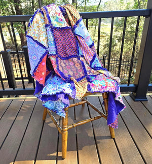 Colorful Rag Quilt Throw, Cotton Patchwork Lap Quilt with Soft Fleece Backing, Handmade Boho Couch Blanket, Bright Scrap Quilt Gift Maypop House Designs