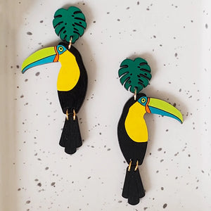 Toucan Stud Dangle Earrings hand painted on lightweight wood by LE CHIC MIAMI
