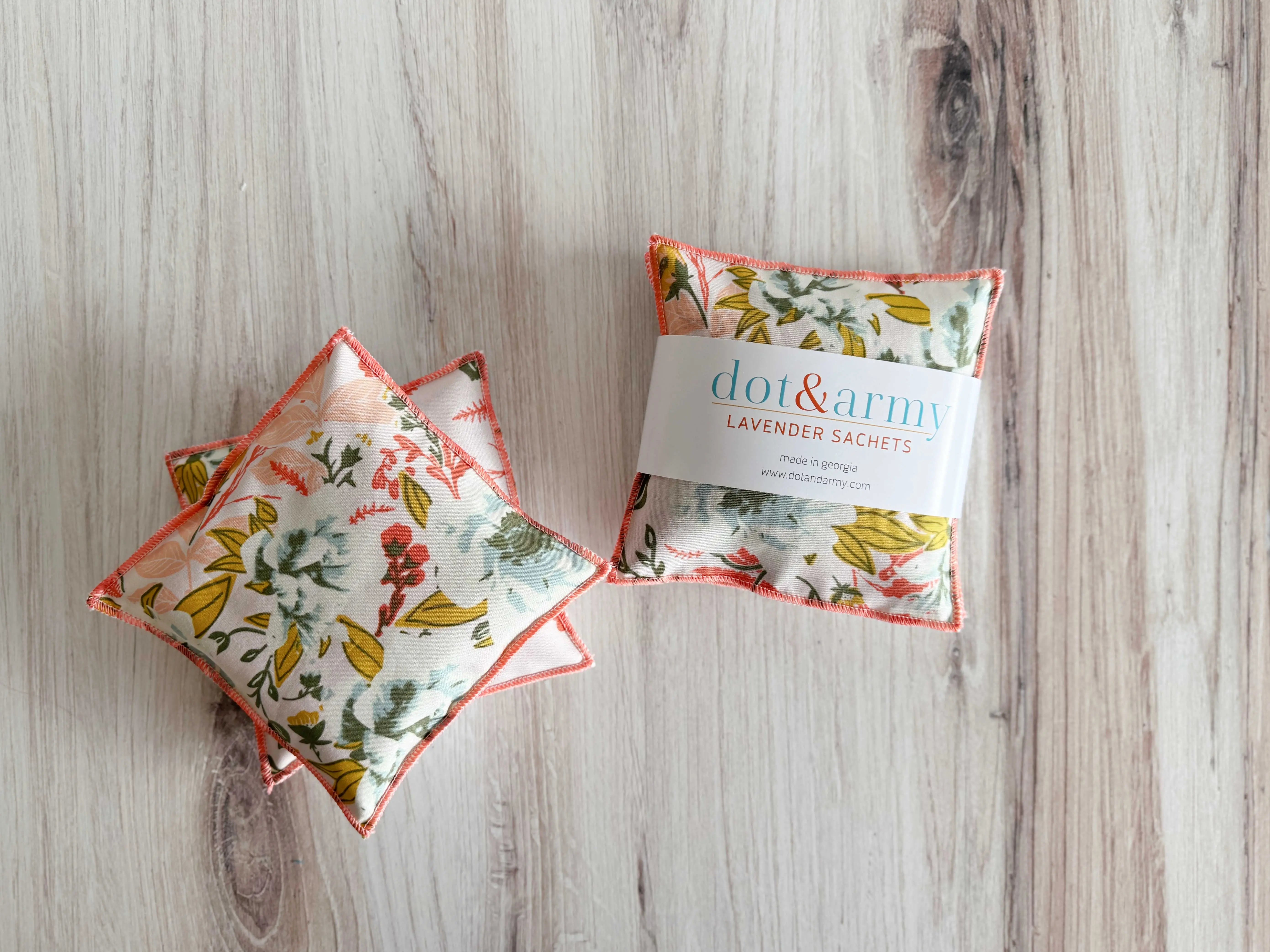 Coral and blue floral print lavender sachets, set of two