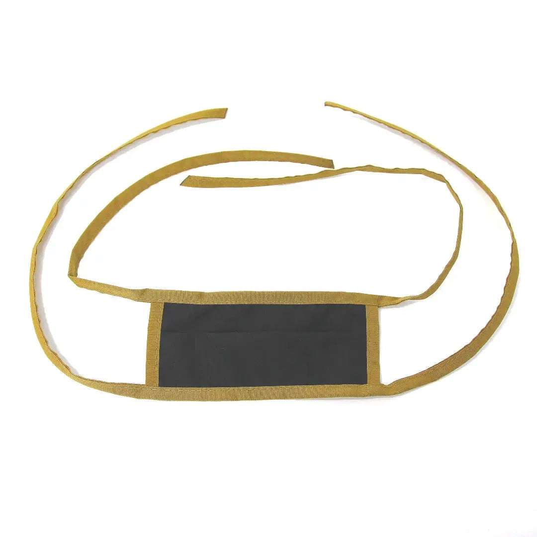 Black cotton face mask with tan binding and long tan ties.