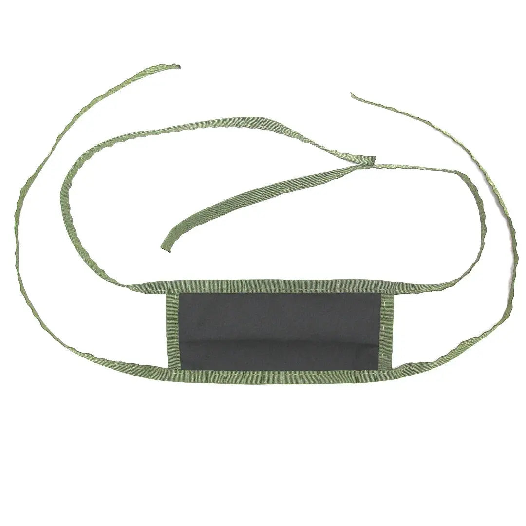 Green cotton face covering with adjustable ties and a black nose wire