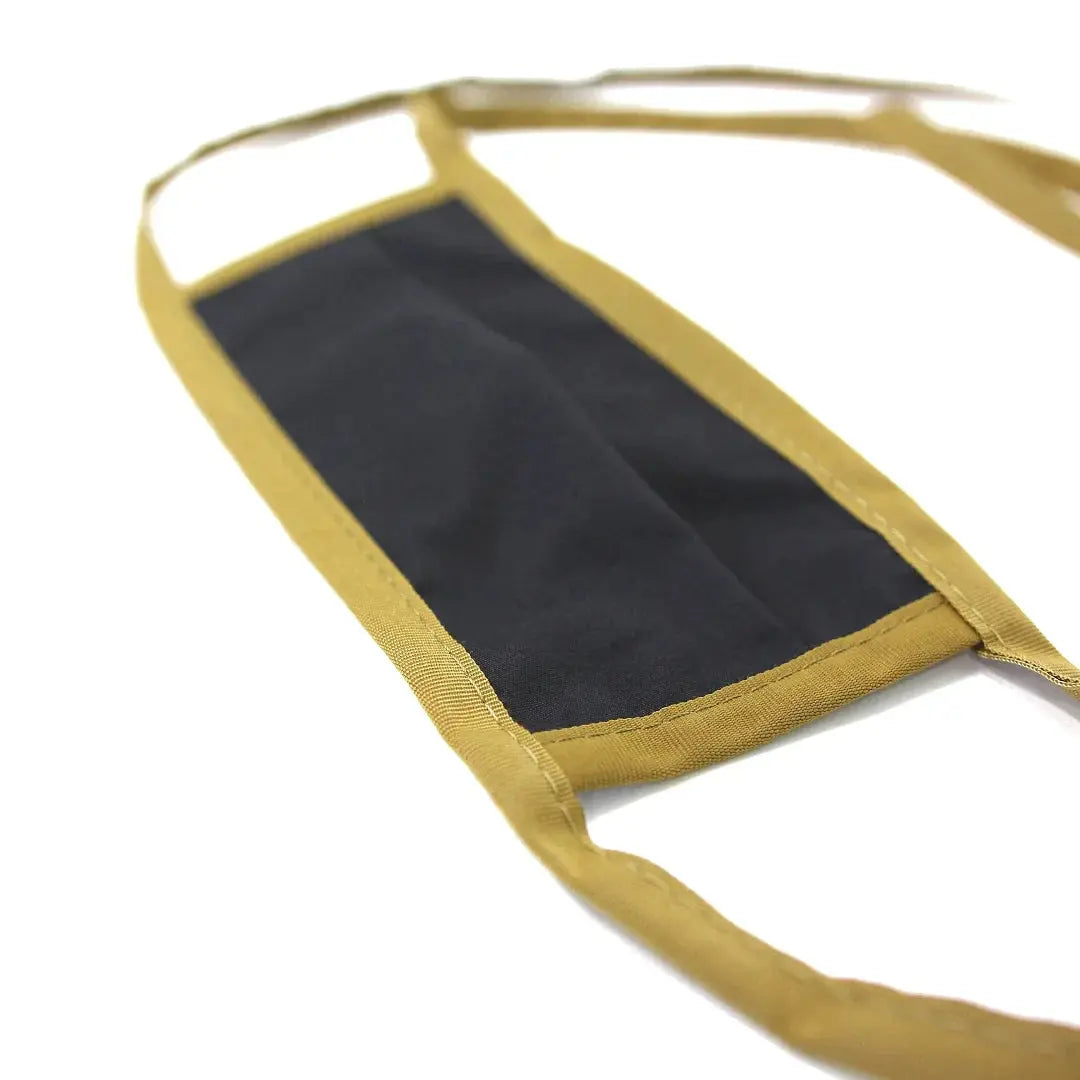 Black cotton face mask with tan binding and ear loops