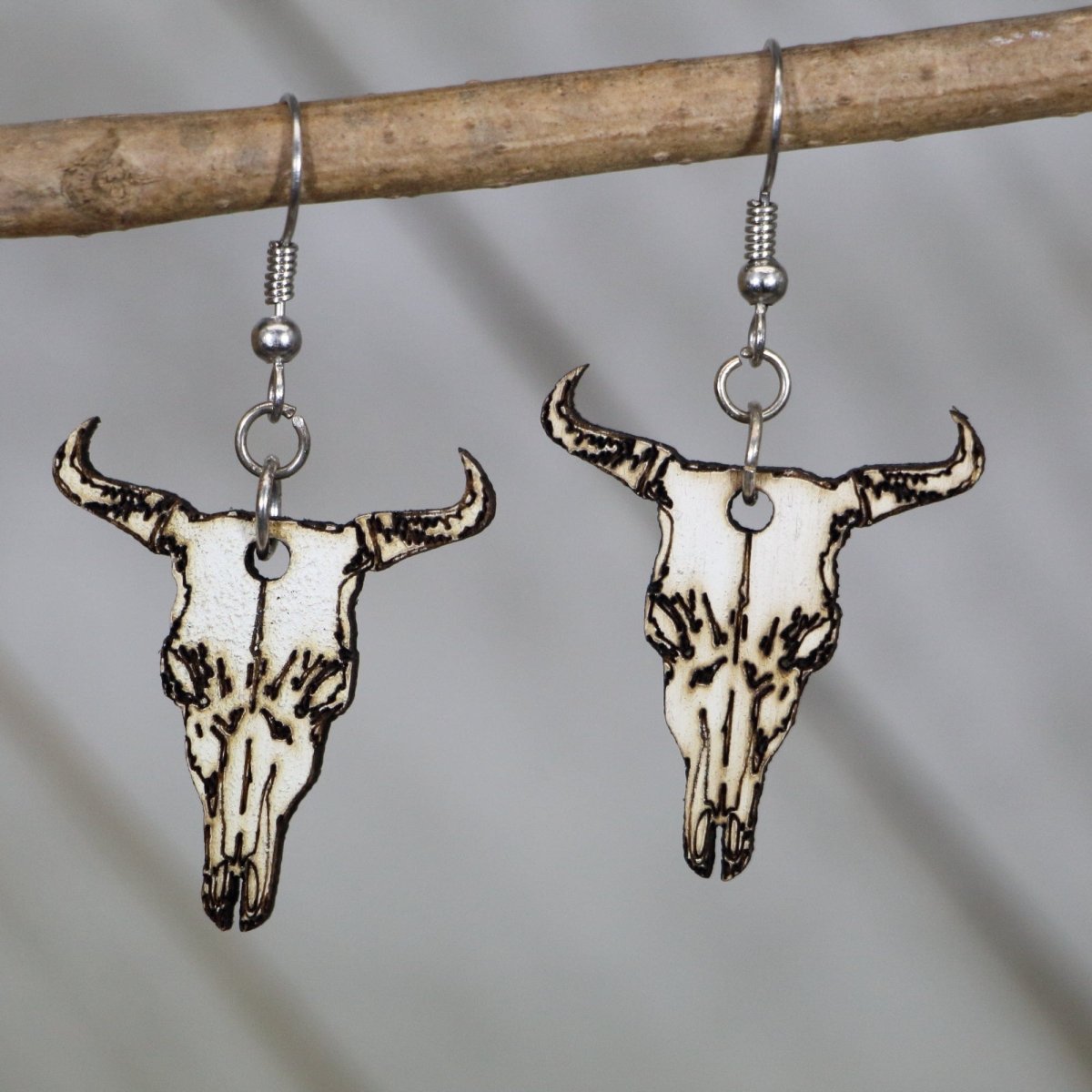 Cow Skull Wooden Dangle Earrings | Western Boho Jewelry by Cate's Concepts, LLC, handmade jewelry main product photo