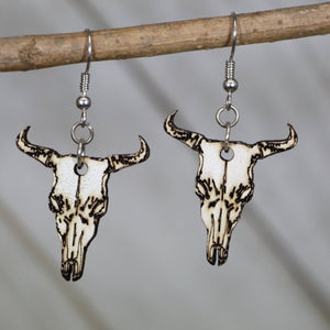 Cow Skull Wooden Dangle Earrings | Western Boho Jewelry