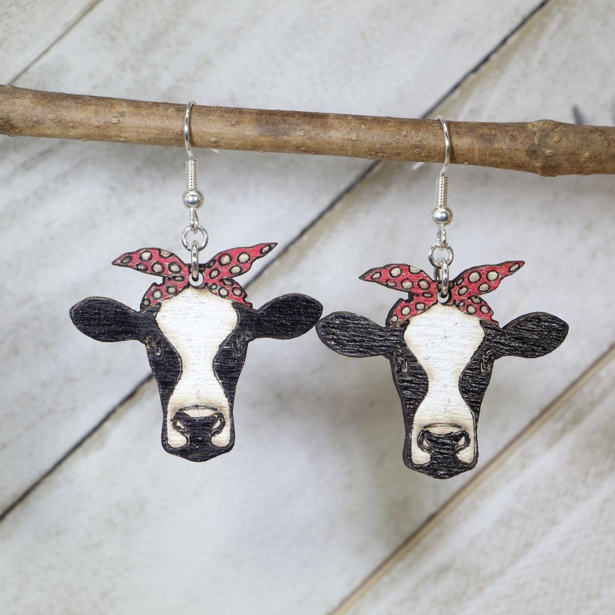 Cow with Scarf Wooden Earrings | Cute Farm Animal Jewelry