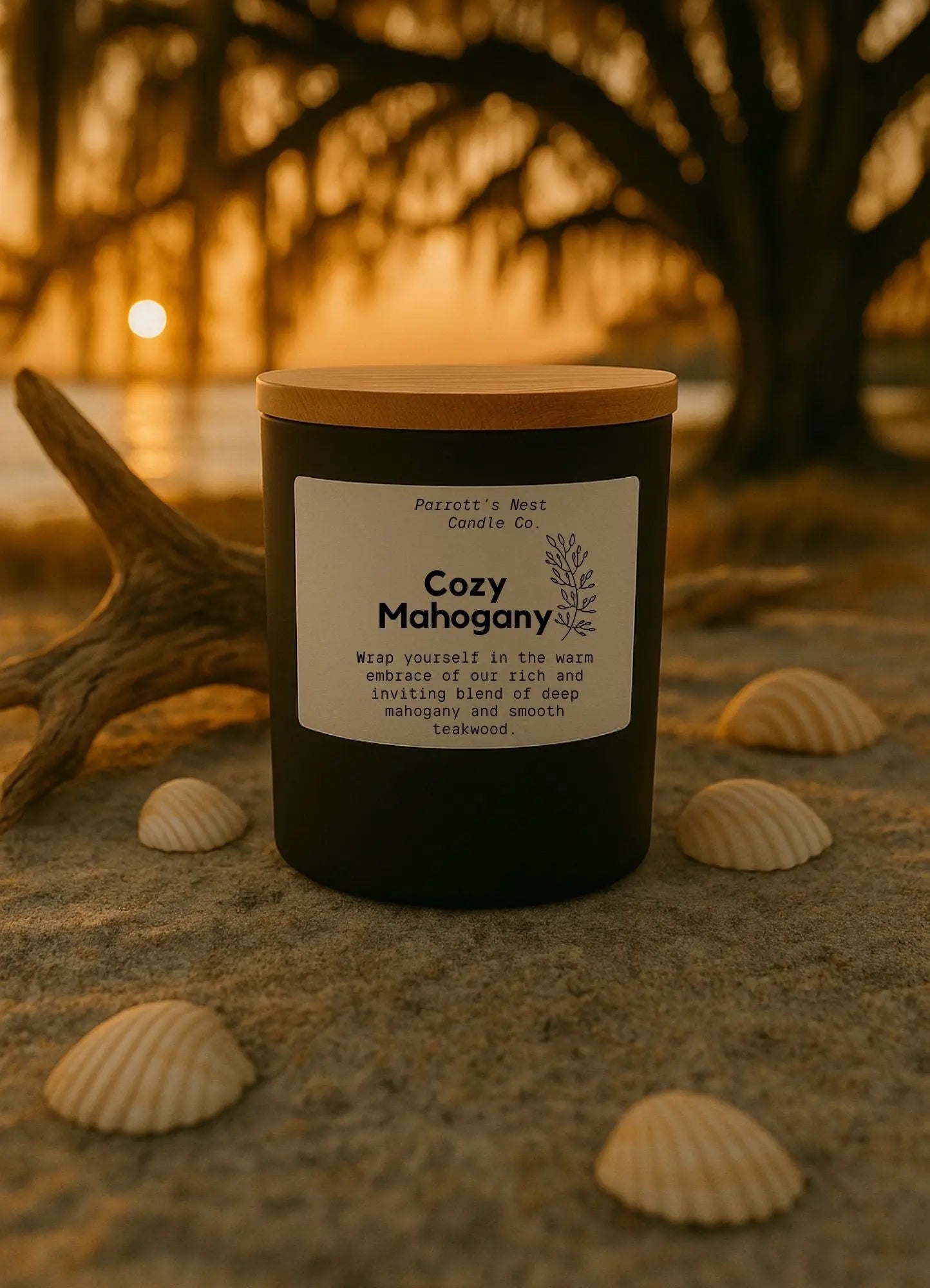 Cozy Mahogany Soy Candle | 8 oz Hand-Poured Woodsy Candle by Parrott's Nest Candle Company, scented candle main product photo