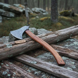 Hand Forged Bushcraft Chopping Axe, Damascus Blade + Ergonomic Curved Handle