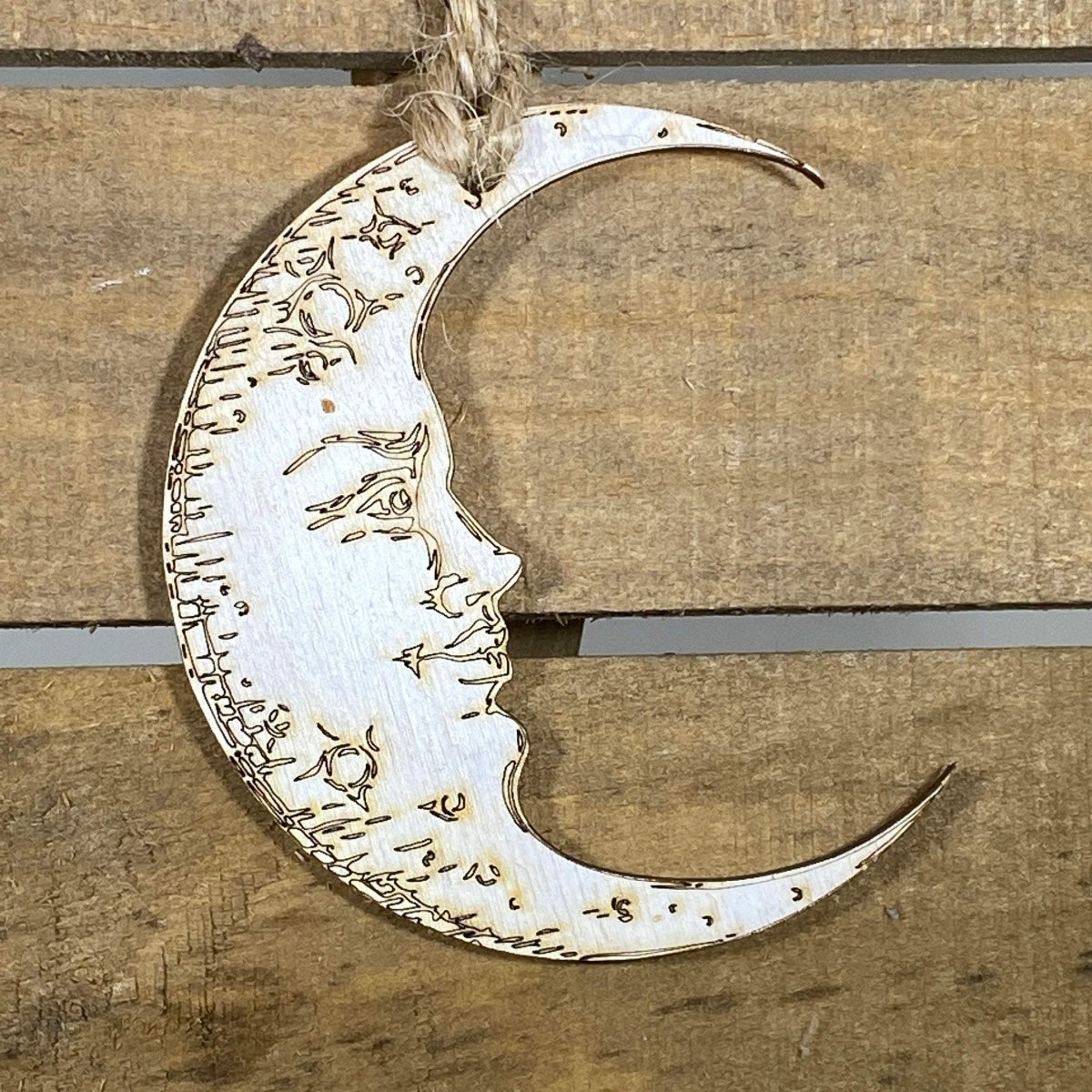 Crescent Moon Face Wooden Christmas Ornament | Celestial Holiday Decor