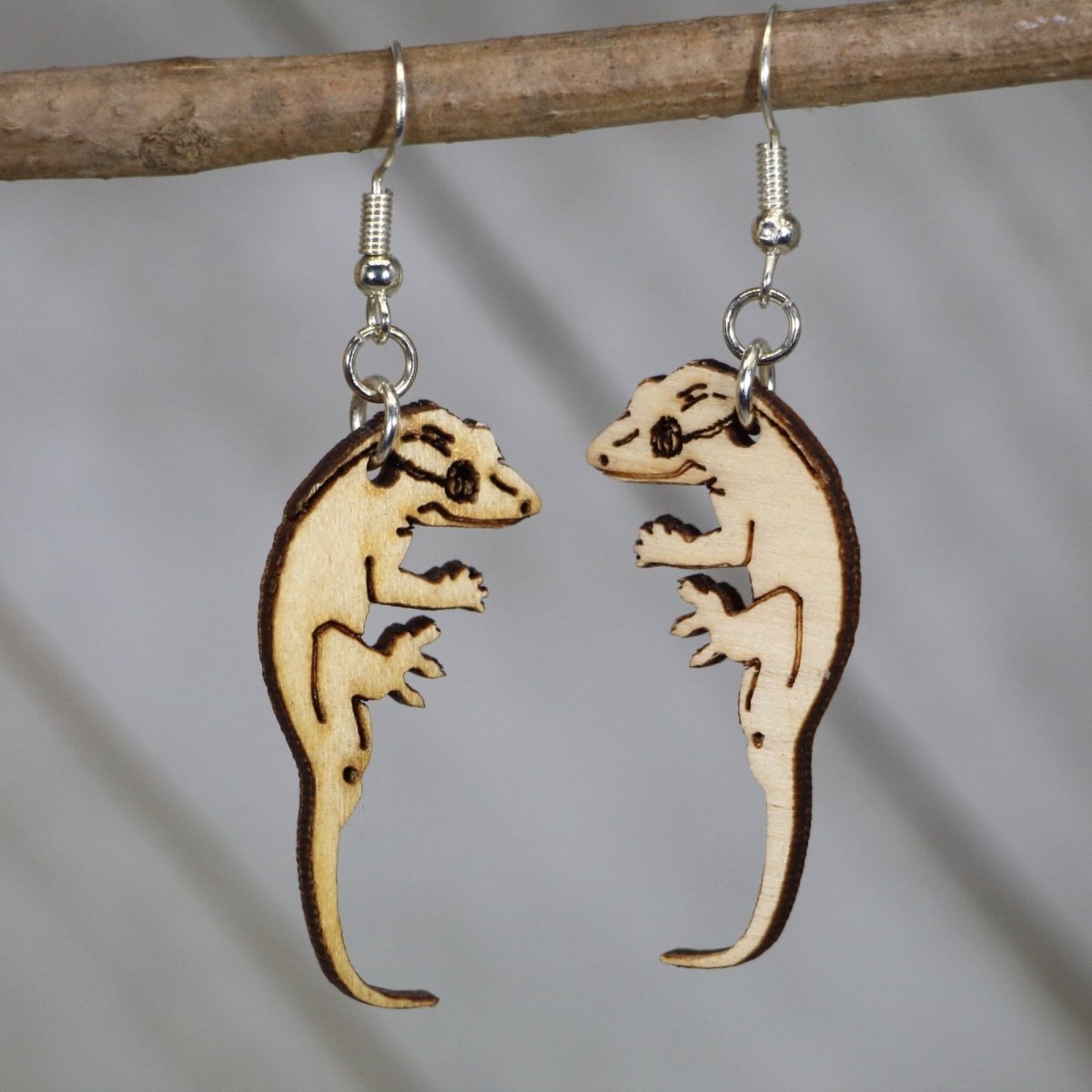 Crested Gecko Wooden Dangle Earrings | Realistic Lizard Jewelry