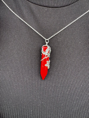 Red crystal necklace with silver leaf vines on a silver chain, Main Street Collective.