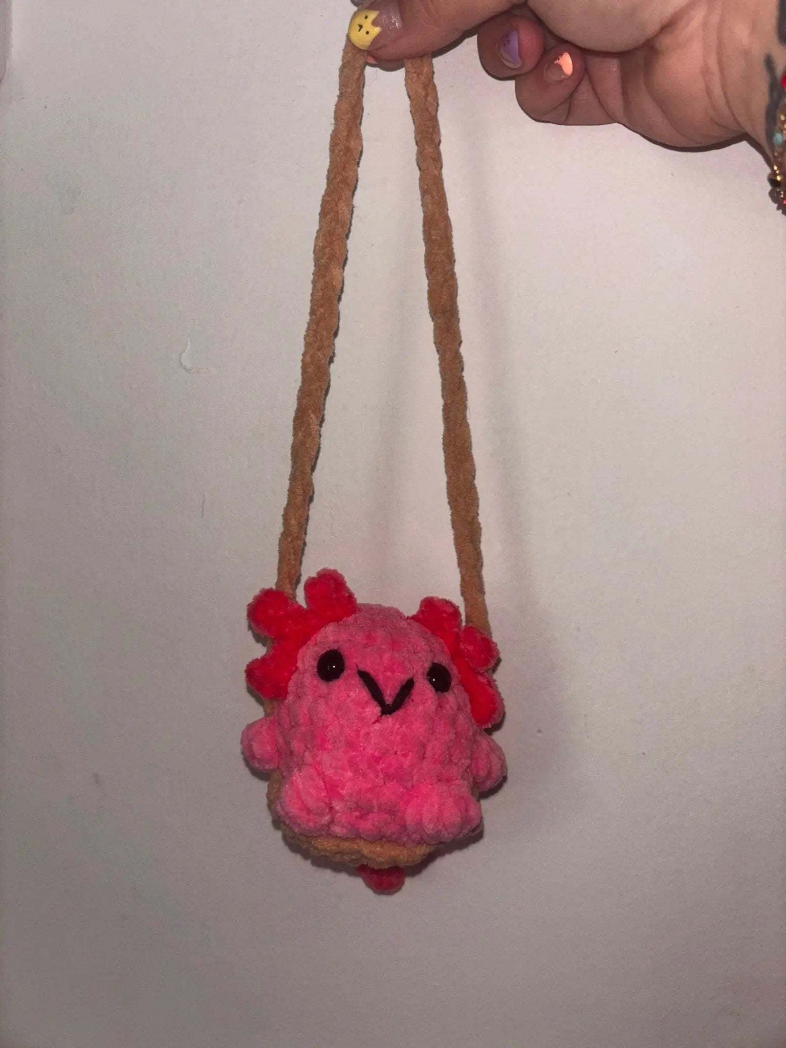 Crocheted Axolotl Car Swing by Main Street Collective - Cute Pink Car Rearview Mirror Accessory, Handmade