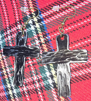 Silver Cross Earrings: Christian Religious Jewelry, Handmade Silver Plated Crosses on Plaid Background.