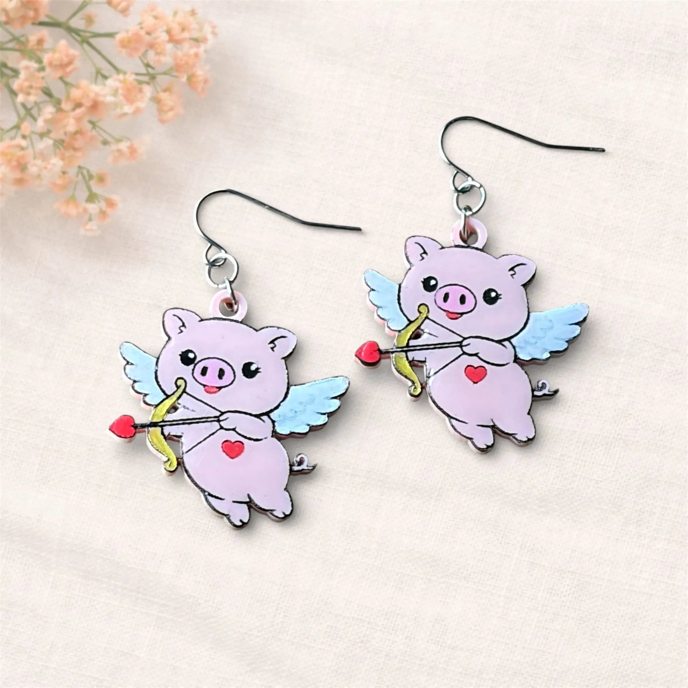 Cupid Pig Earrings - Valentine's Day Jewelry, Pig Earrings, Handmade Acrylic Earrings by Poor Hog Customs
