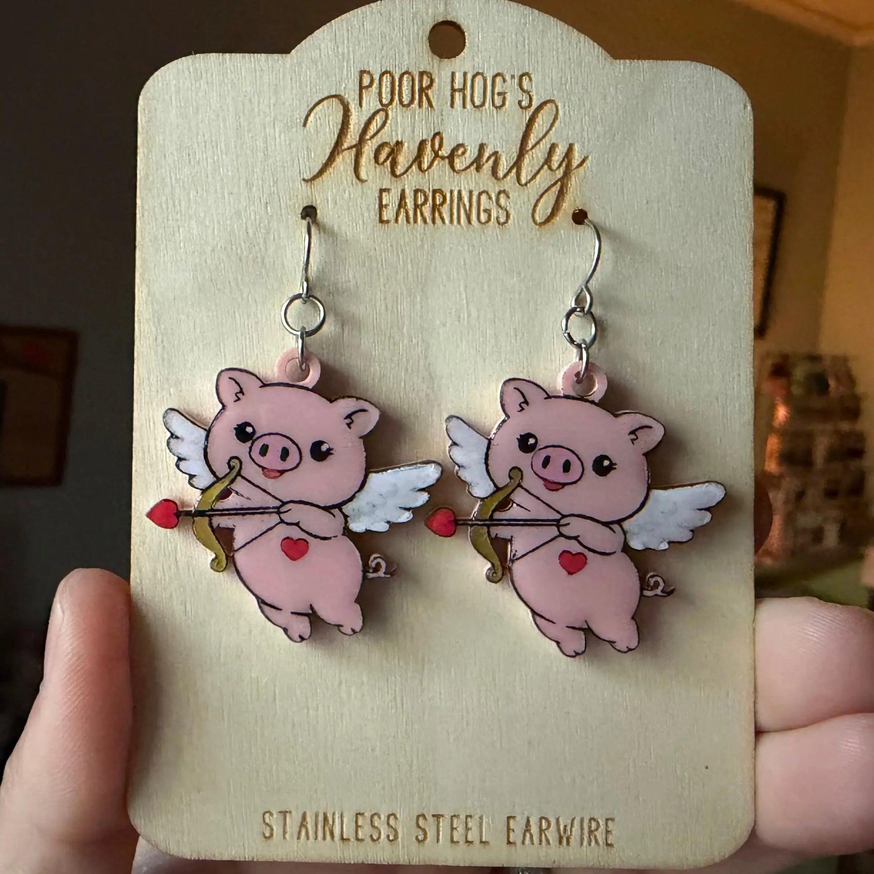 Cupid Pig Valentine Acrylic Earrings by Poor Hog Customs, custom drinkware detail photo 3