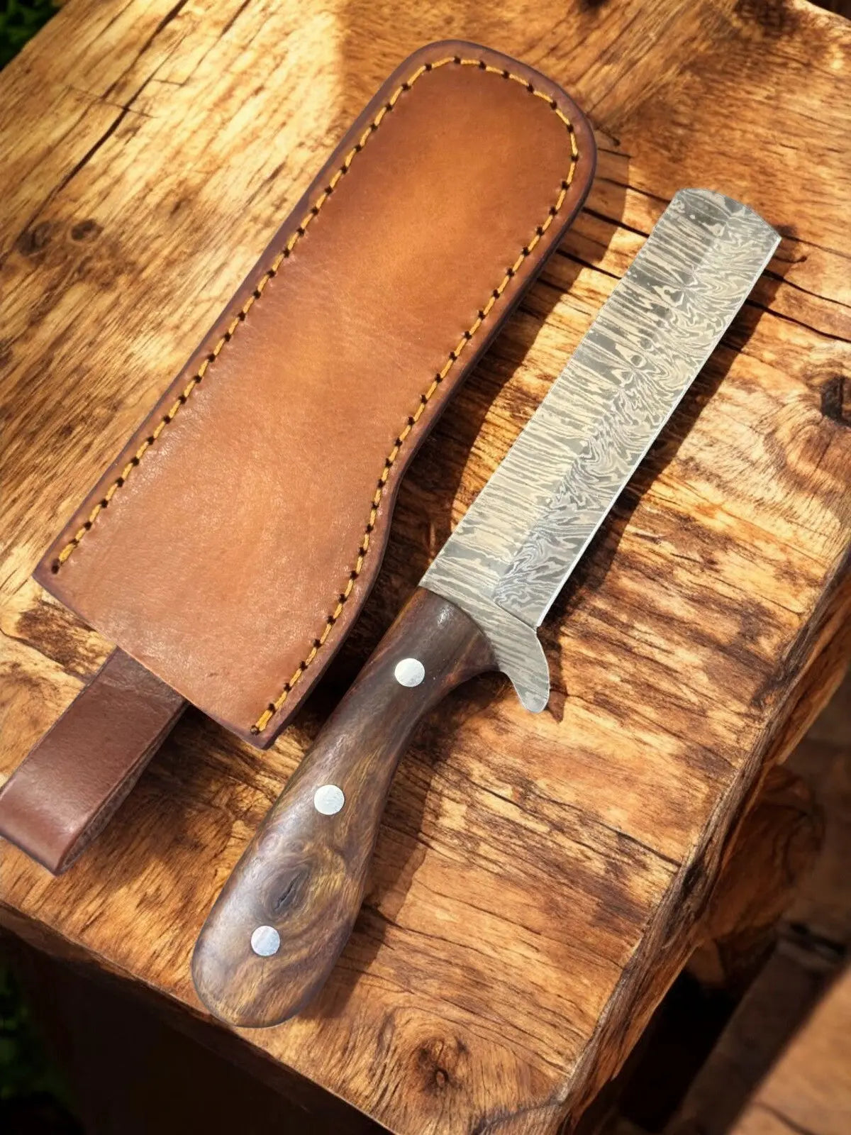Custom Bull Cutter Knife – 8" Damascus Steel with Wood Handle Damascus Knife Store