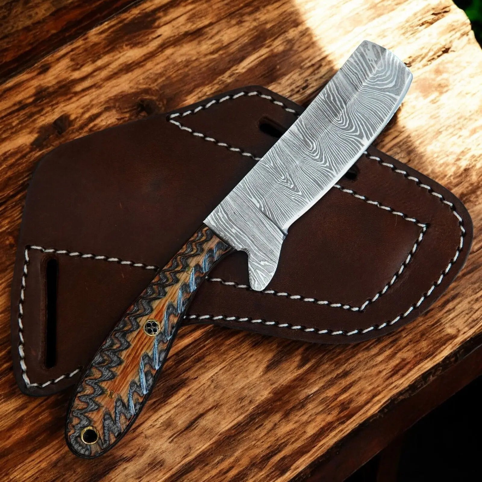 Custom Bull Cutter Knife – Damascus Steel & Wooden Handle by Damascus Knife Store, Damascus knife main product photo