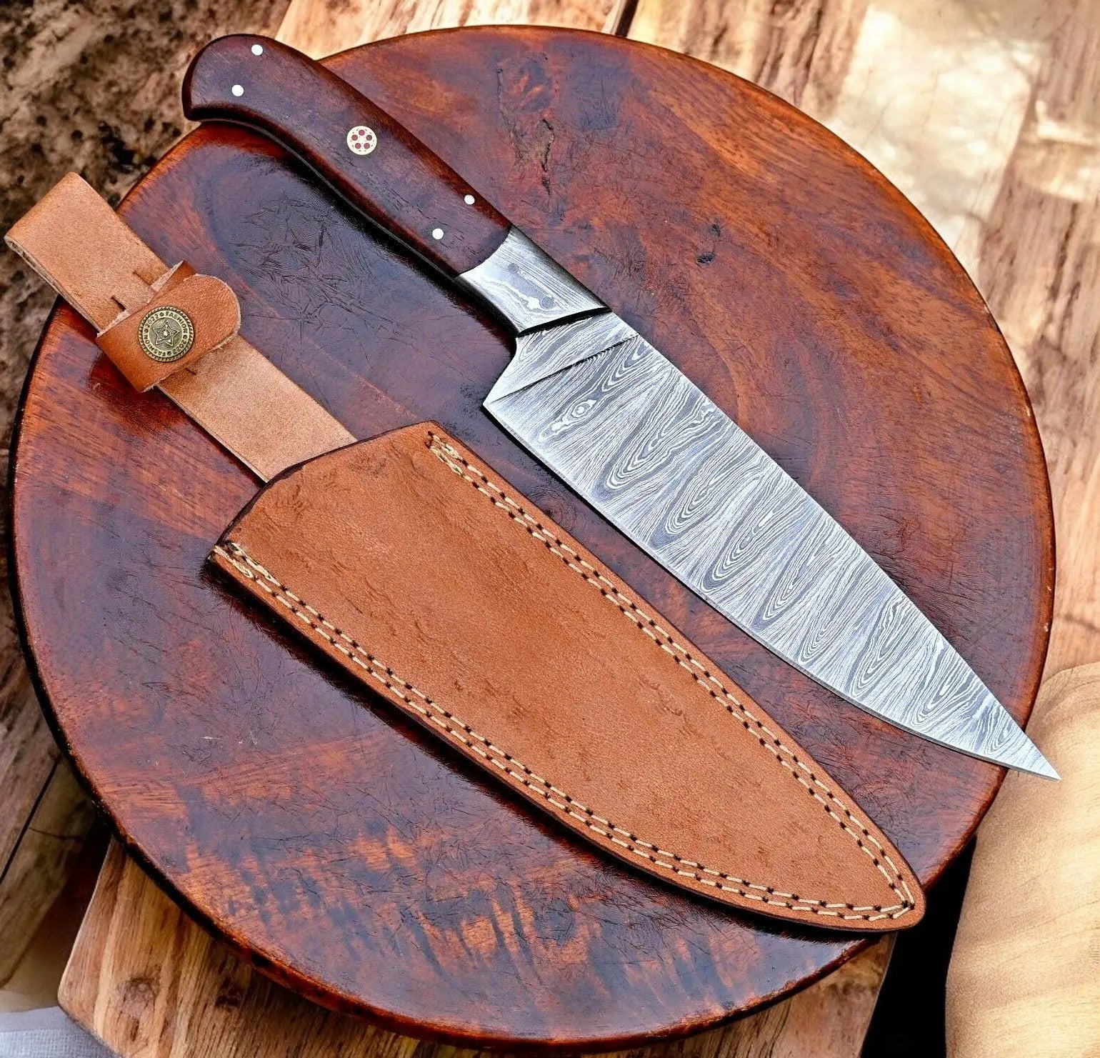 Custom Damascus Chef Knife – Rosewood Handle, 13" by Damascus Knife Store, Damascus knife main product photo