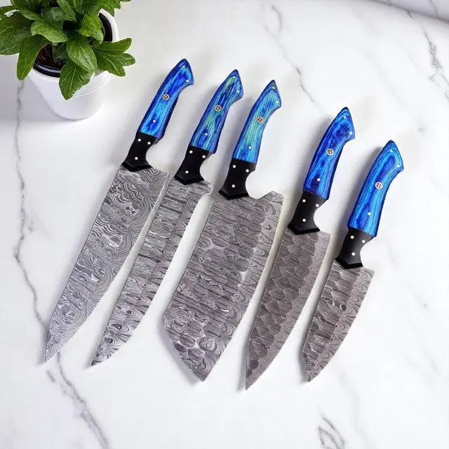 Custom Damascus Steel Knife Set with Leather Roll by Damascus Knife Store, Damascus knife main product photo