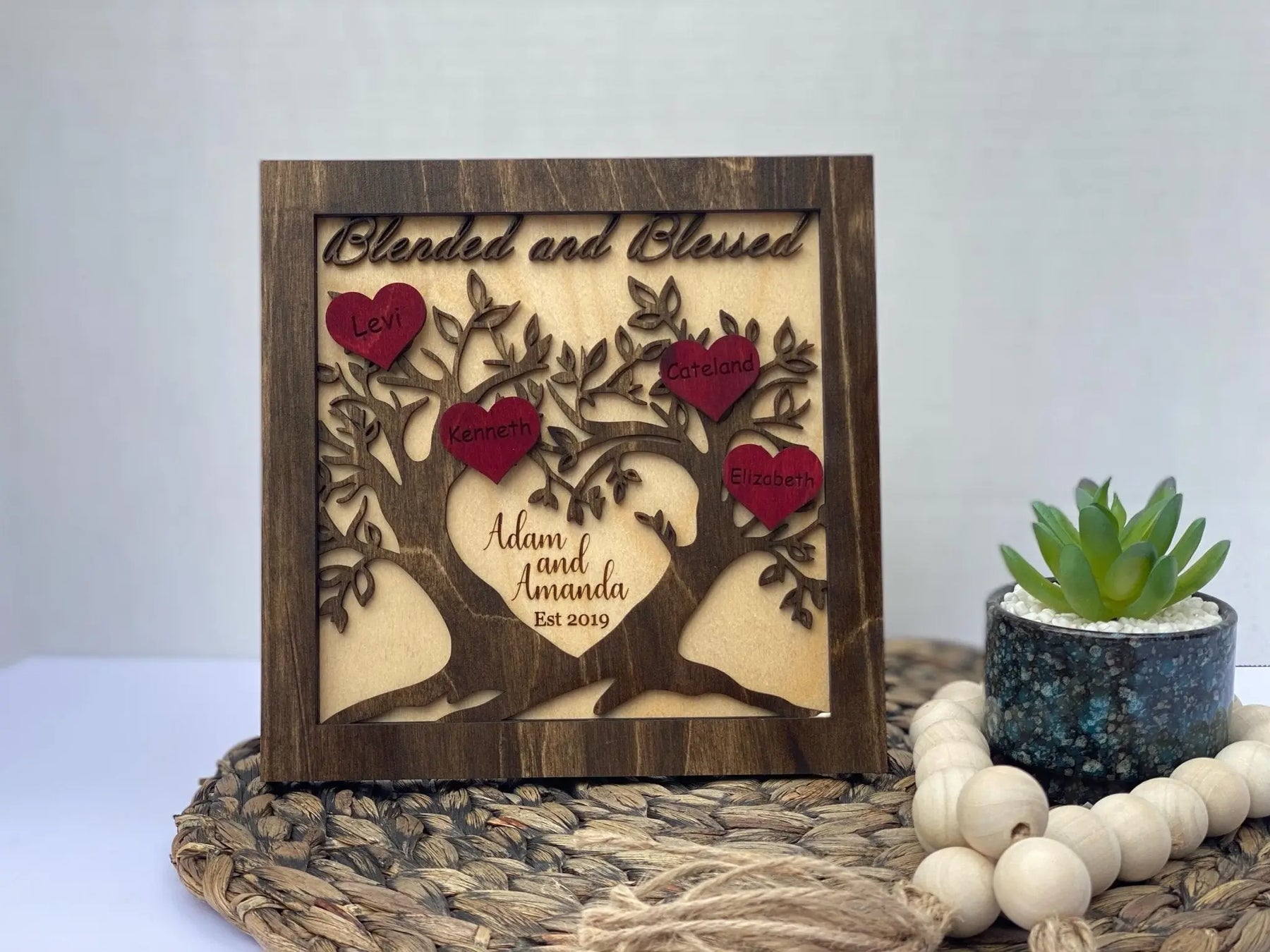 Personalized Wood Family Tree Sign: Blended & Blessed, Handcrafted Anniversary Gift, Adam & Amanda, Est. 2019
