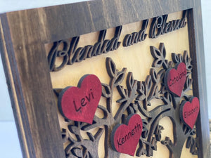 Personalized Blended Family Tree Sign: Custom Wood Anniversary Gift with Names Engraved on Hearts