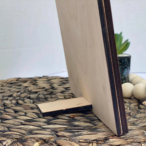 Handcrafted Wood Family Tree Sign Side View: Layered birch plywood with dark walnut stain and stand.