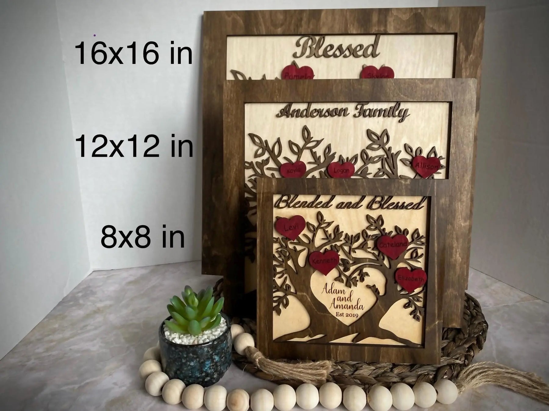Personalized Family Tree Sign: Wood Art, 8x8, 12x12, 16x16 Sizes - Custom Engraved Gift for Anniversary & Family Decor