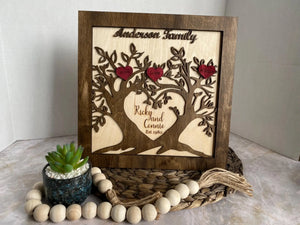 Personalized Anderson Family Tree Sign, Wood Anniversary Gift with Names Kayla, Logan, and Allison.