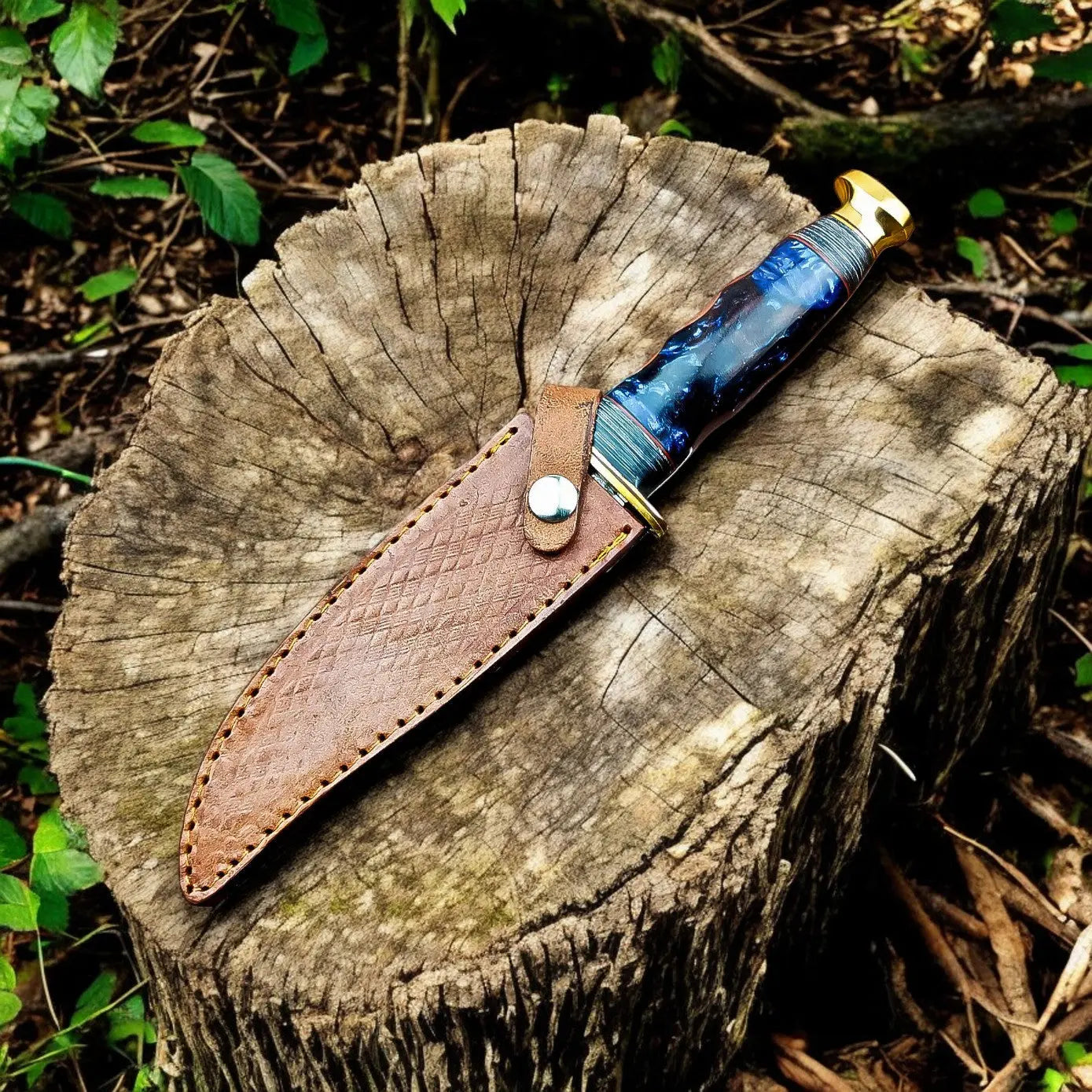 Custom Handmade Bowie Knife - 12" Damascus Steel Blade with Leather Sheath Damascus Knife Store