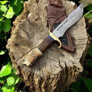 Custom Handmade Bowie Knife - 14" Damascus Steel Blade, Rosewood & Bone Handle Damascus Knife Store