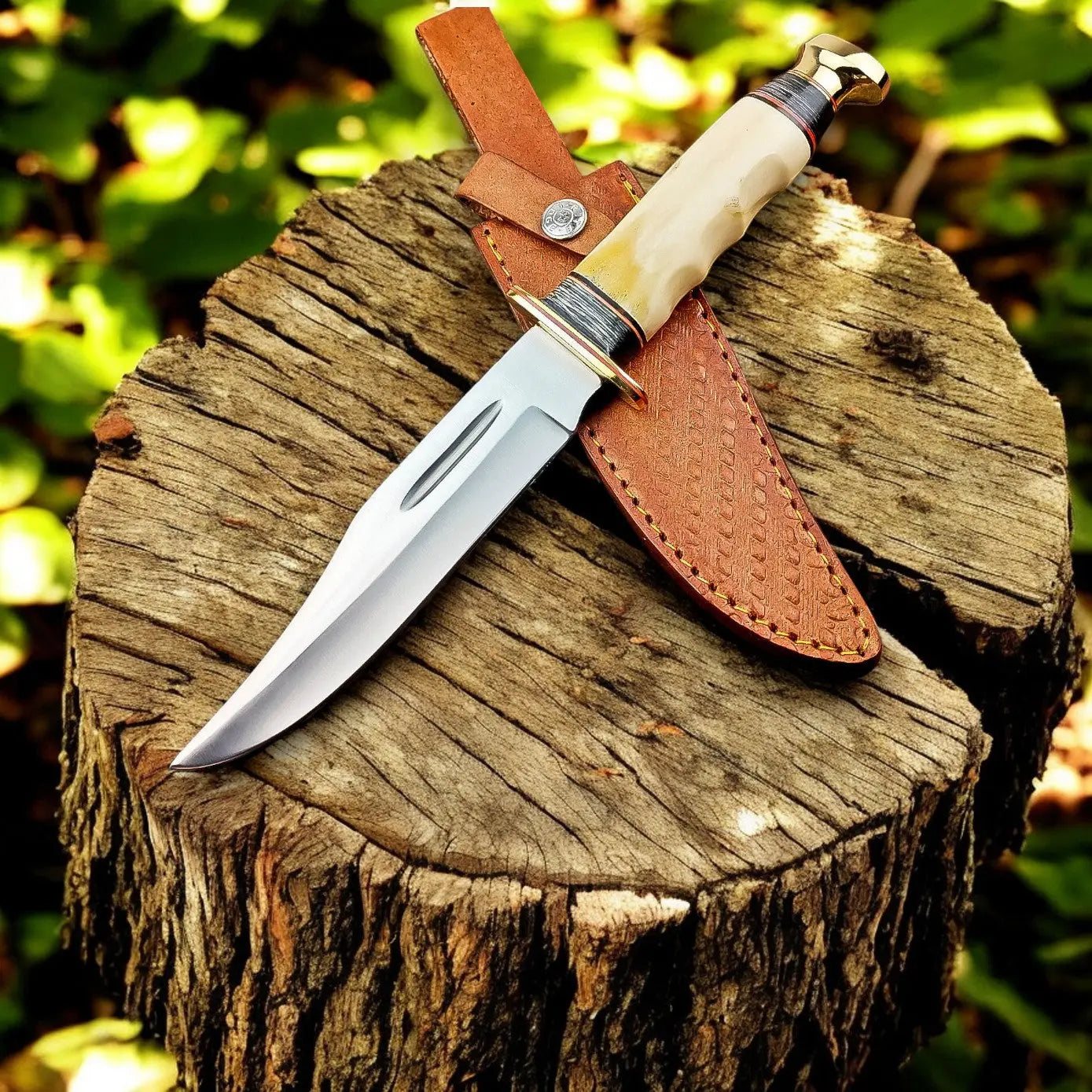 Custom Handmade Bowie Knife - D2 Steel Blade with Bone Handle by Damascus Knife Store, Damascus knife main product photo