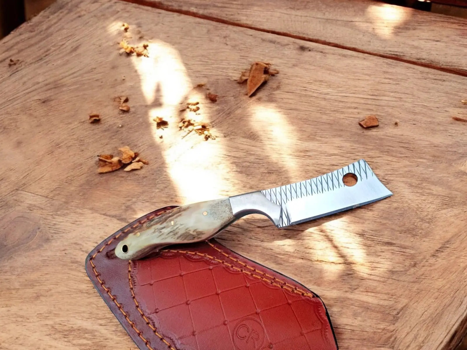 Custom Handmade Bull Cutter Knife | Antler Handle – 8" by Damascus Knife Store, Damascus knife main product photo