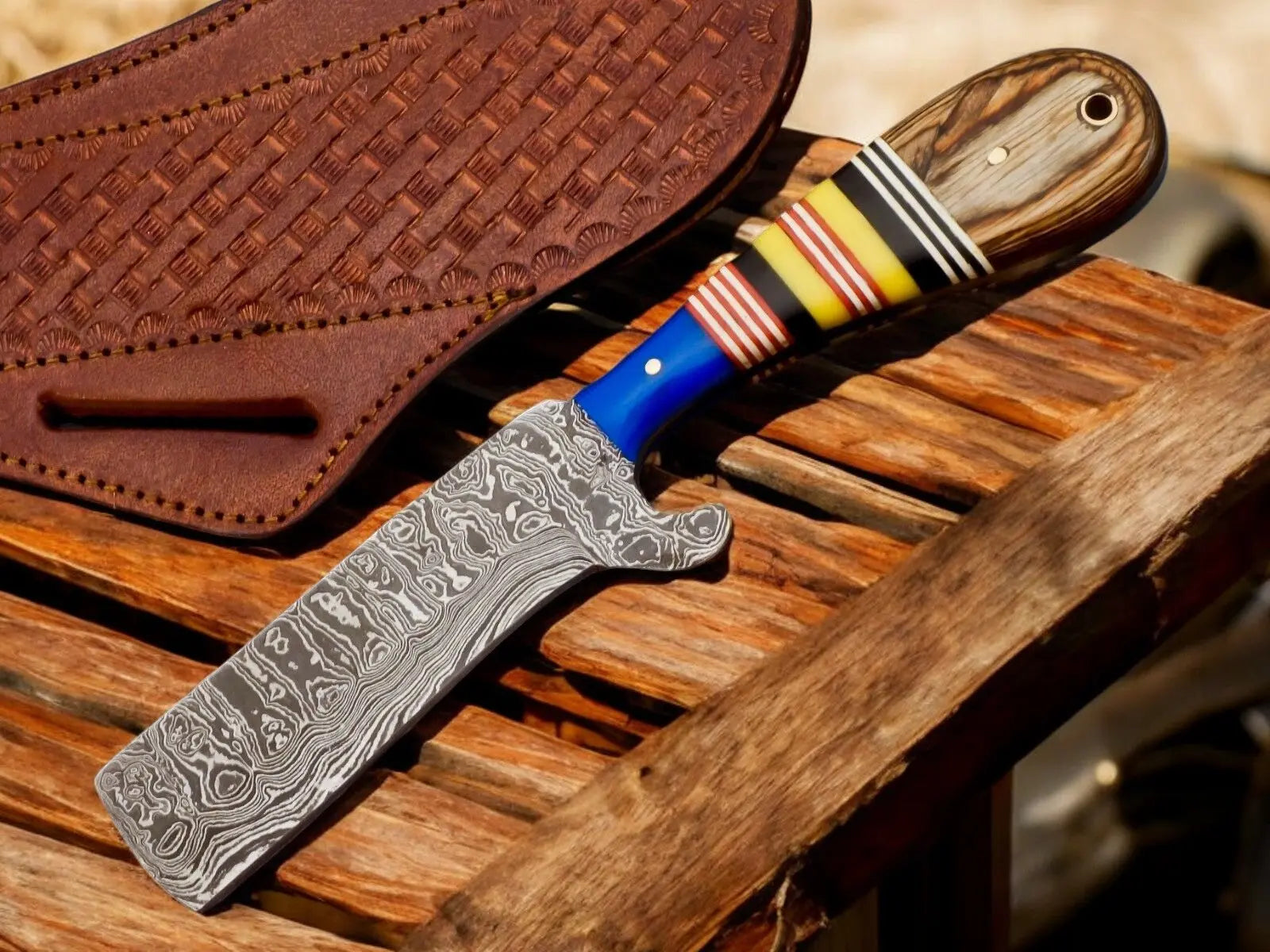 Custom Handmade Bull Cutter Knife – Damascus Steel, 8" by Damascus Knife Store, Damascus knife main product photo