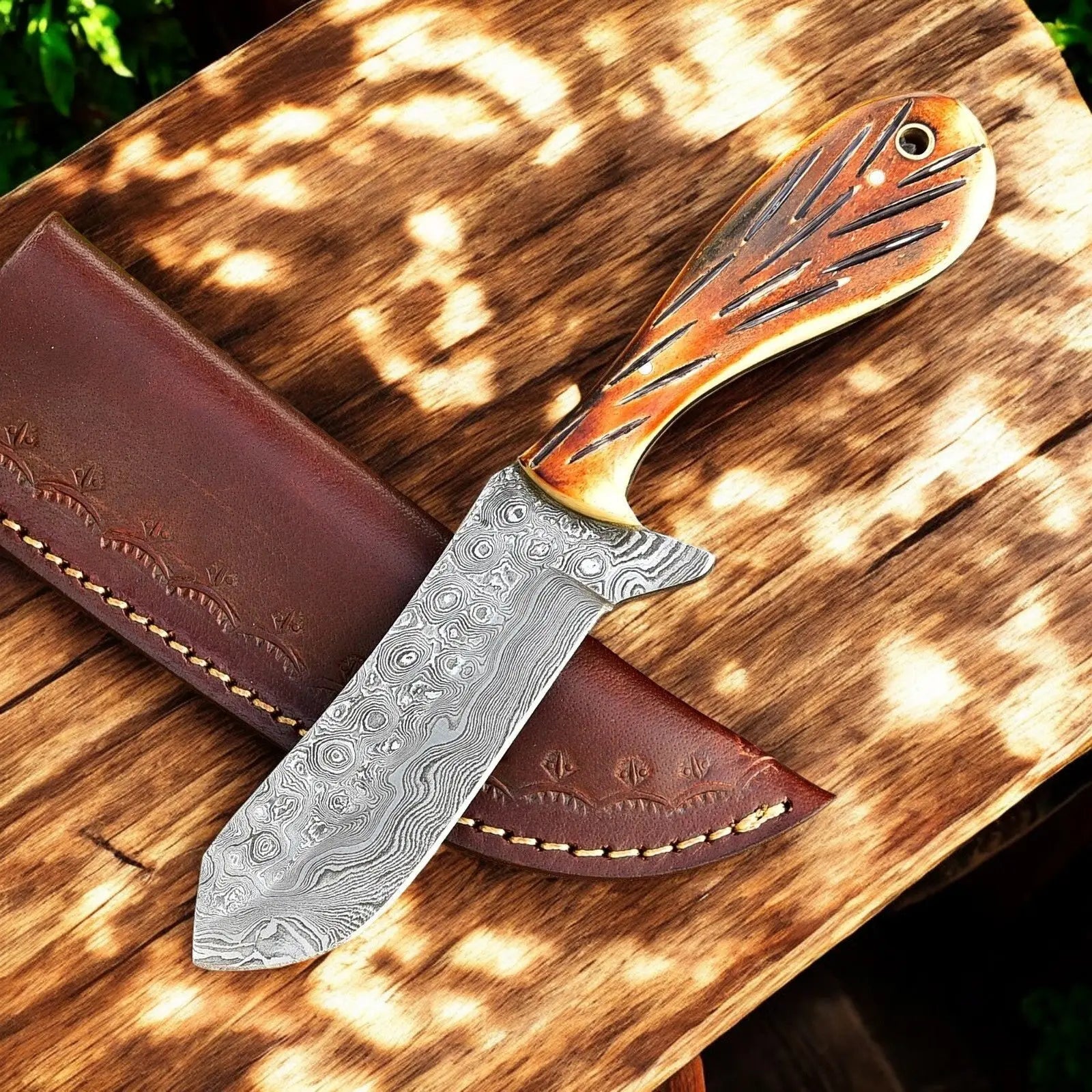 Custom Handmade Cowboy Knife – Damascus Steel & Sheep Horn Damascus Knife Store