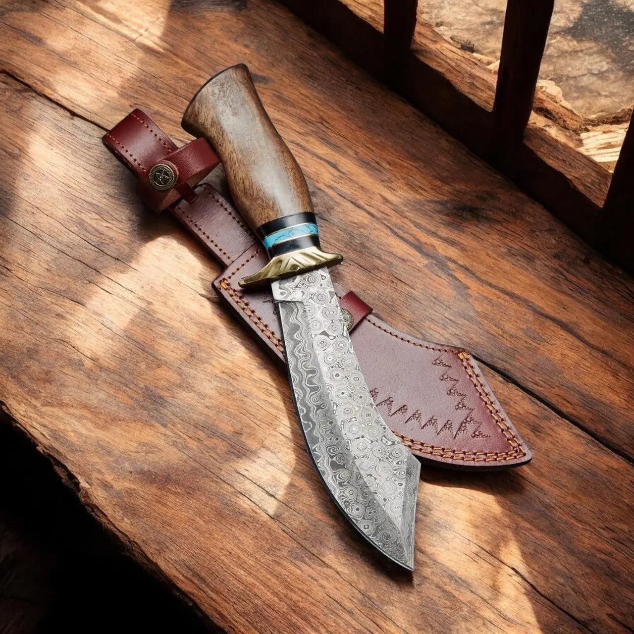 Custom Handmade Damascus Bowie Knife with Rosewood Handle by Damascus Knife Store, Damascus knife main product photo
