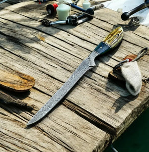 Custom Handmade Damascus Fillet Knife – 12.5” with Leather Sheath Damascus Knife Store
