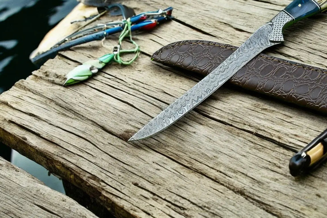 Custom Handmade Damascus Fillet Knife – 12.5” with Leather Sheath Damascus Knife Store