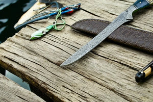 Custom Handmade Damascus Fillet Knife – 12.5” with Leather Sheath Damascus Knife Store