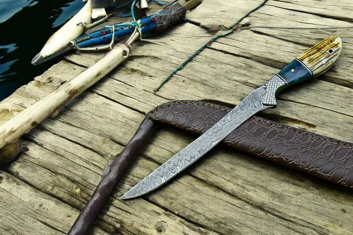 Custom Handmade Damascus Fillet Knife – 12.5” with Leather Sheath Damascus Knife Store