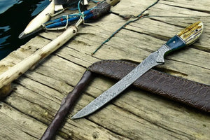 Custom Handmade Damascus Fillet Knife – 12.5” with Leather Sheath Damascus Knife Store