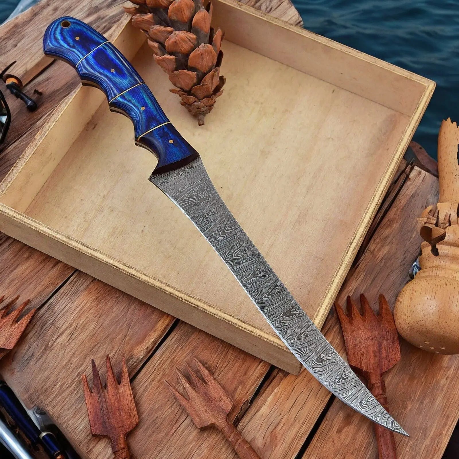 Custom Handmade Damascus Fillet Knife – 12" Exotic Wood Handle Damascus Knife Store