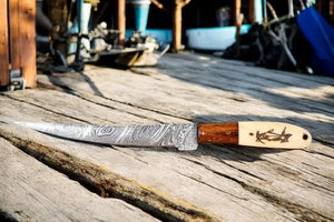 Custom Handmade Damascus Fillet Knife | 13" with Bone & Wood Handle Damascus Knife Store