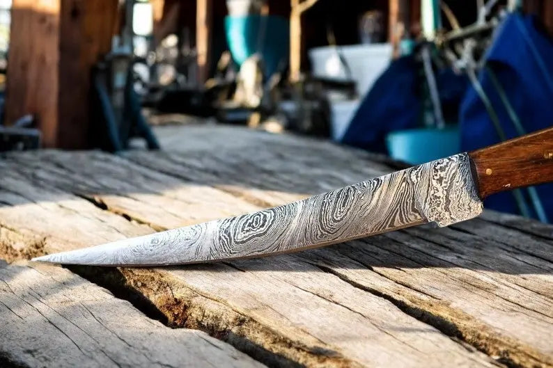 Custom Handmade Damascus Fillet Knife | 13" with Bone & Wood Handle Damascus Knife Store