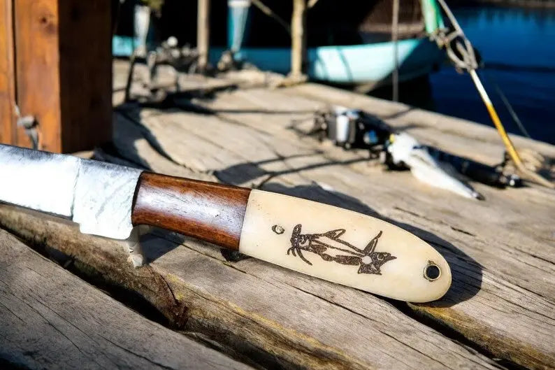 Custom Handmade Damascus Fillet Knife | 13" with Bone & Wood Handle Damascus Knife Store
