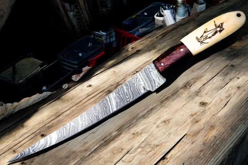Custom Handmade Damascus Fillet Knife | 13" with Bone & Wood Handle Damascus Knife Store