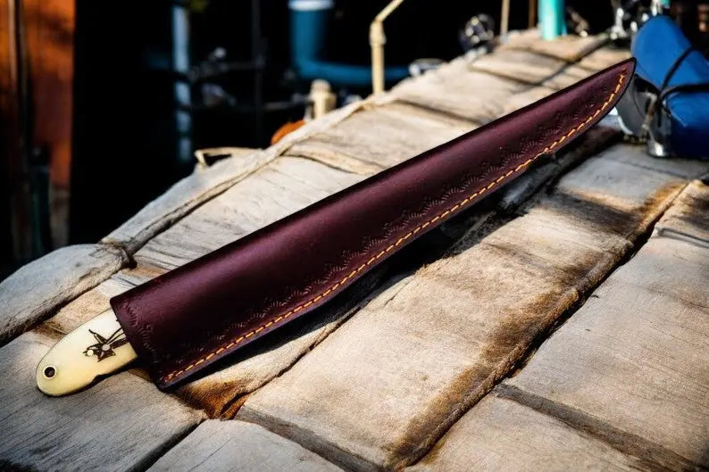 Custom Handmade Damascus Fillet Knife | 13" with Bone & Wood Handle Damascus Knife Store
