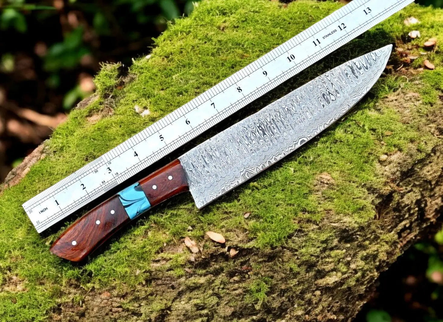 Custom Handmade Damascus Hunting Knife – 13" with Rosewood Handle by Damascus Knife Store, Damascus knife detail photo 3