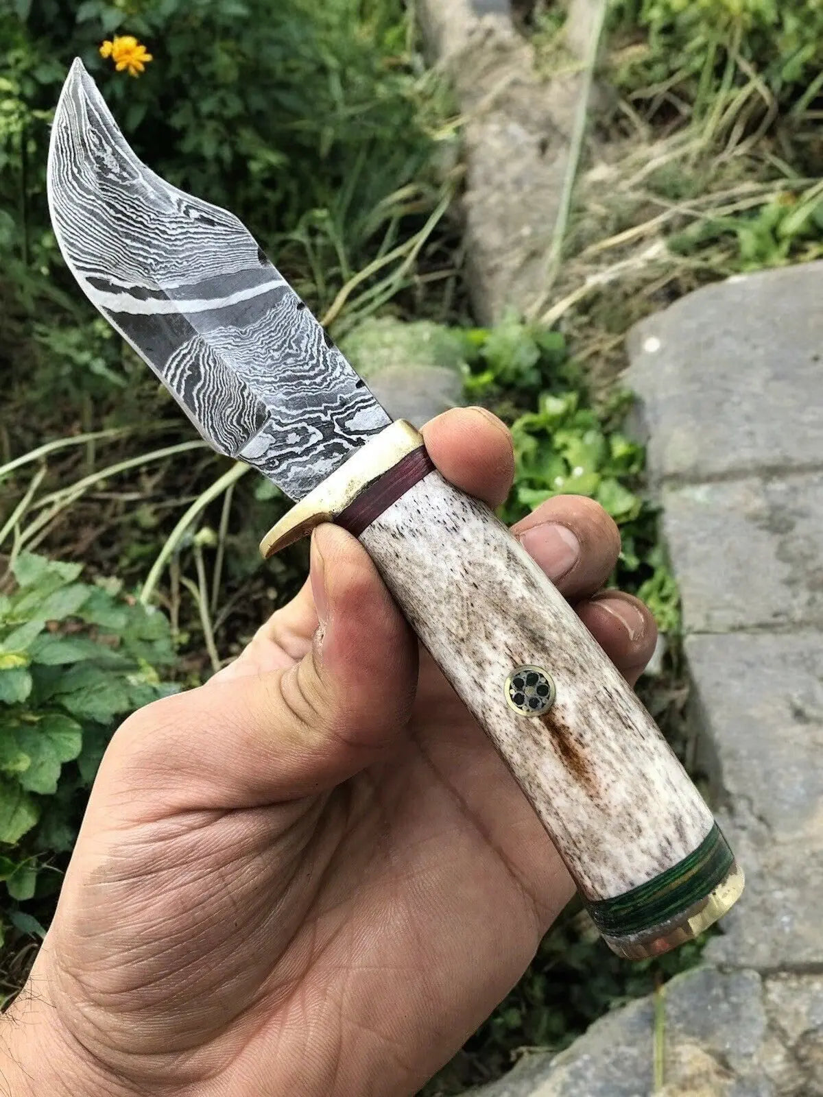 Custom Handmade Damascus Hunting Knife – 7.5” with Bone Handle by Damascus Knife Store, Damascus knife main product photo